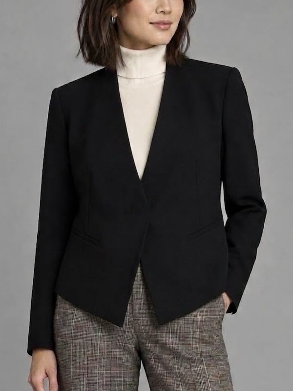 Zara Black Open Front Cropped Blazer Womens Size 10 Tailored Stretch Crepe